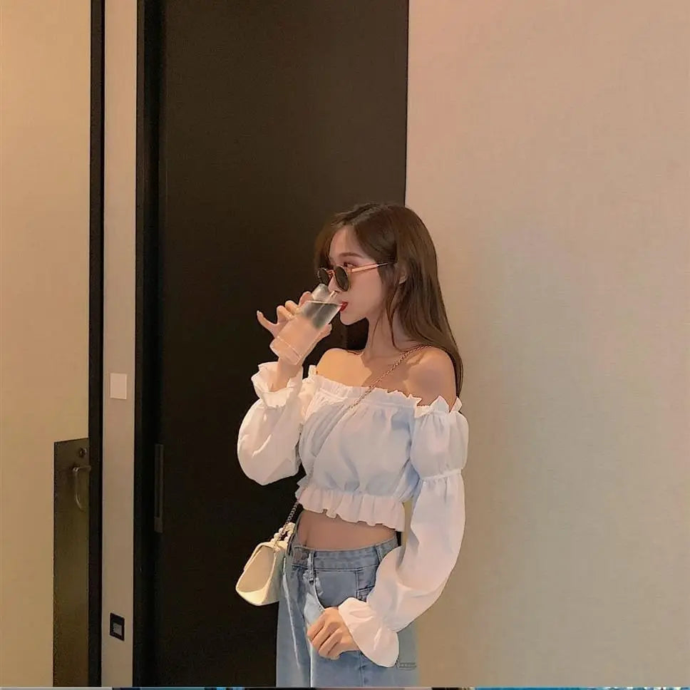 Women Top Sexy Blouse off Shoulder Top Long Sleeve Club Party White Shirt Puff Sleeve Ruffle Crop Top Summer Tube Top