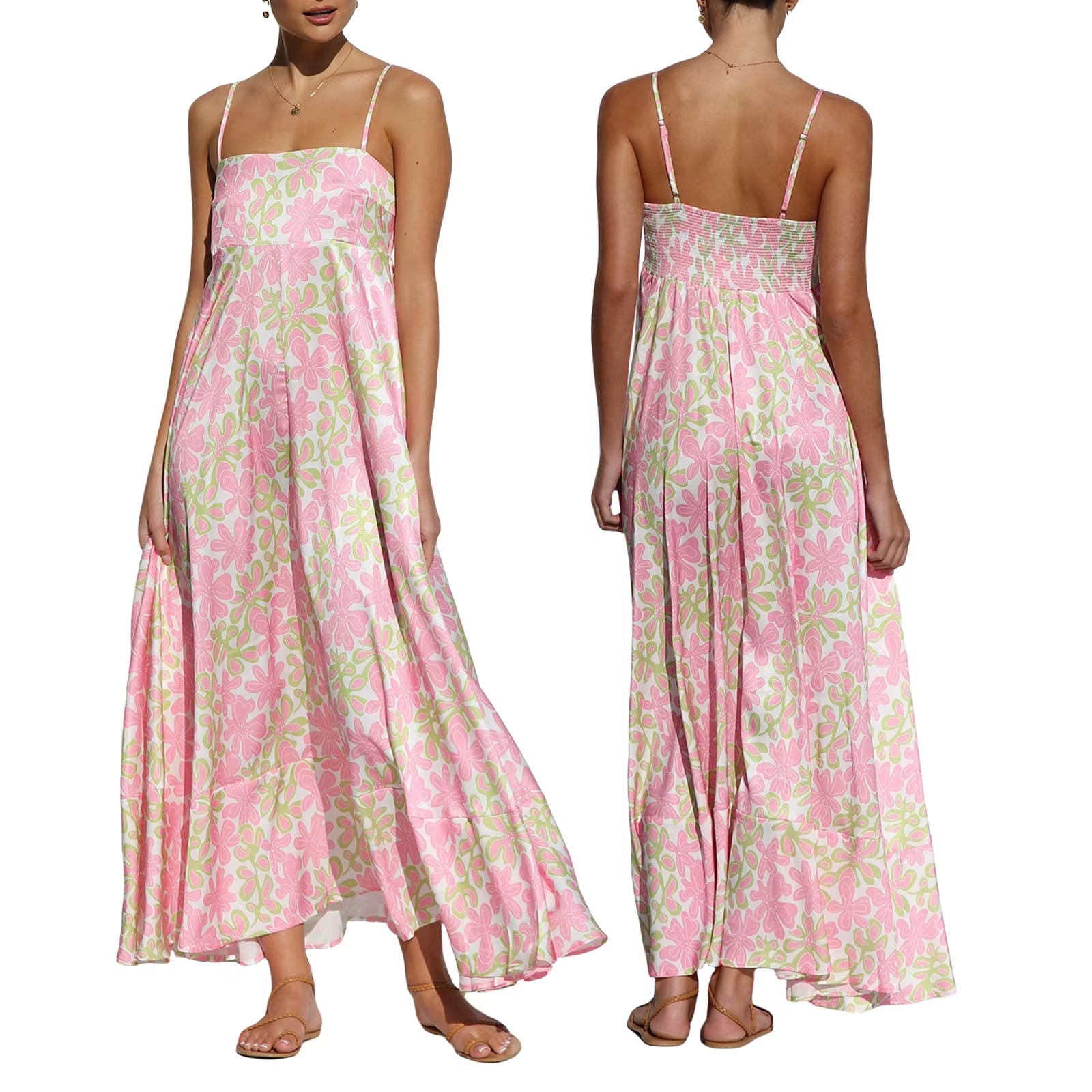 Women'S Vintage Summer A-Line Sundress Thin Spaghetti Straps Backless Sun Flower Print High Waist Swing Long Dress