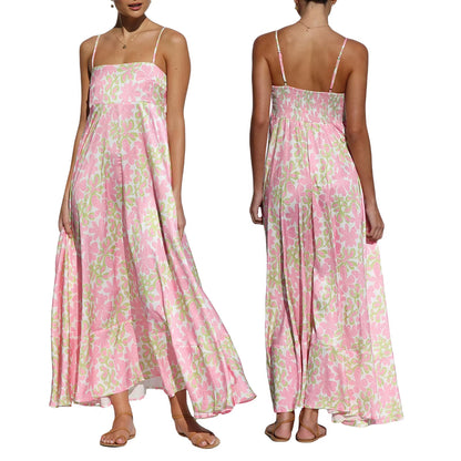 Women'S Vintage Summer A-Line Sundress Thin Spaghetti Straps Backless Sun Flower Print High Waist Swing Long Dress