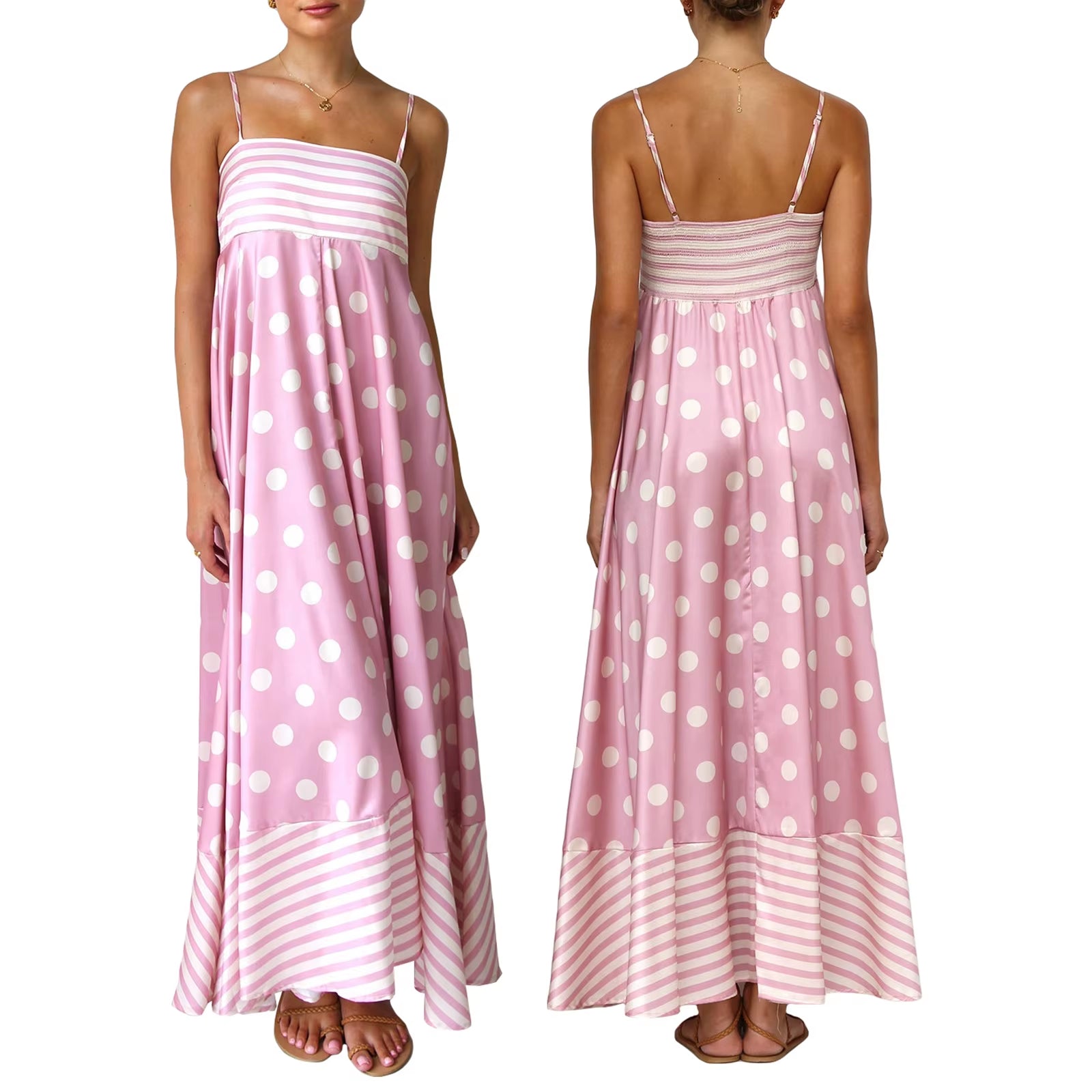 Women'S Vintage Summer A-Line Sundress Thin Spaghetti Straps Backless Sun Flower Print High Waist Swing Long Dress