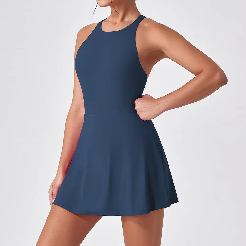 Sports Dress Slimming Anti-Glare Workout Clothes for Women Quick-Drying Feather Tennis Dress Back Fitness One-Piece Yoga Clothes
