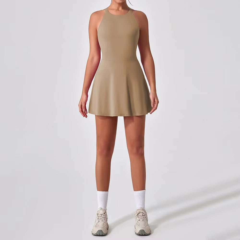 Sports Dress Slimming Anti-Glare Workout Clothes for Women Quick-Drying Feather Tennis Dress Back Fitness One-Piece Yoga Clothes