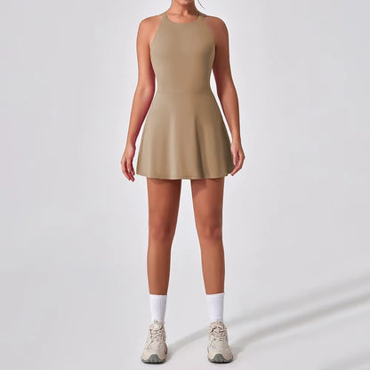 Sports Dress Slimming Anti-Glare Workout Clothes for Women Quick-Drying Feather Tennis Dress Back Fitness One-Piece Yoga Clothes