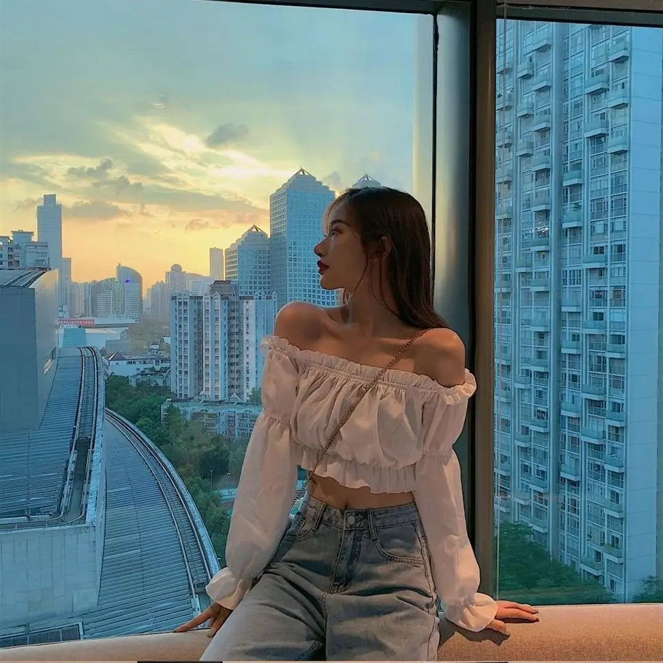 Women Top Sexy Blouse off Shoulder Top Long Sleeve Club Party White Shirt Puff Sleeve Ruffle Crop Top Summer Tube Top