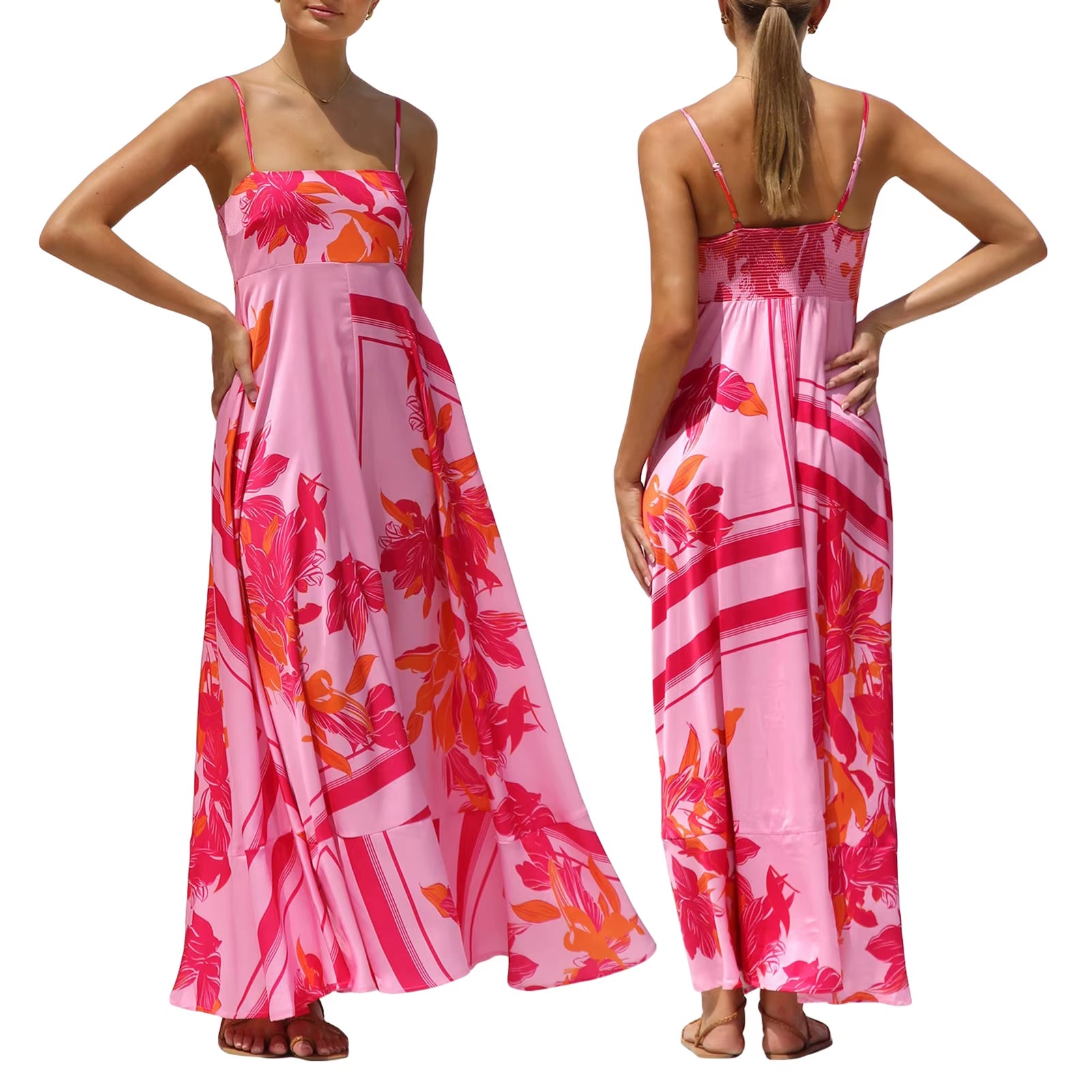 Women'S Vintage Summer A-Line Sundress Thin Spaghetti Straps Backless Sun Flower Print High Waist Swing Long Dress