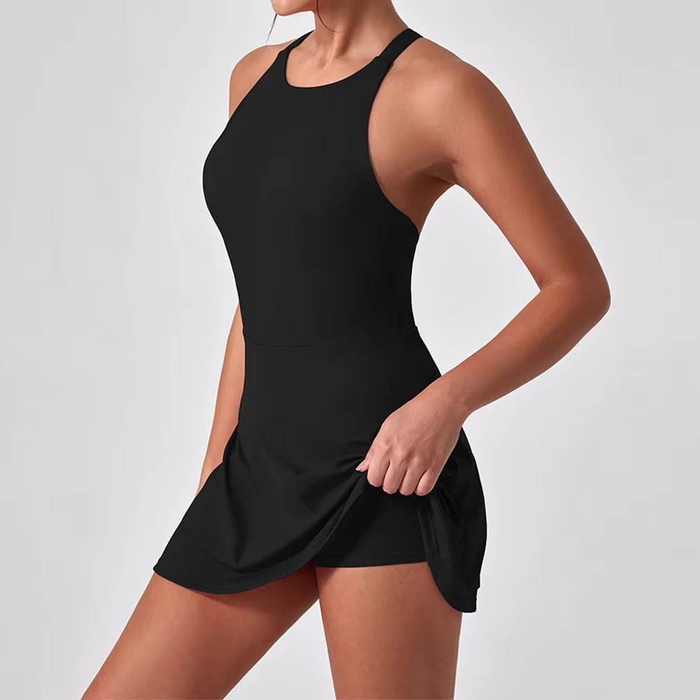 Sports Dress Slimming Anti-Glare Workout Clothes for Women Quick-Drying Feather Tennis Dress Back Fitness One-Piece Yoga Clothes