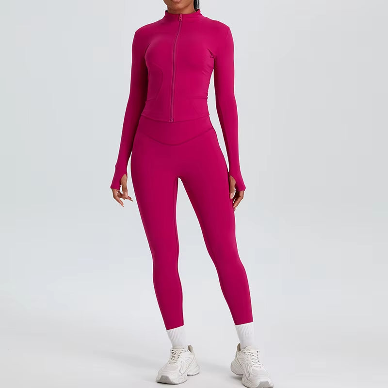 2 Piece Yoga Set Workout Outfits for Women Tracksuit Long Sleeve Zipper Slim Jacket High Waist Leggings Gym Sport Running Suit