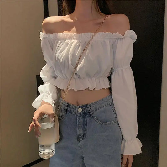 Women Top Sexy Blouse off Shoulder Top Long Sleeve Club Party White Shirt Puff Sleeve Ruffle Crop Top Summer Tube Top