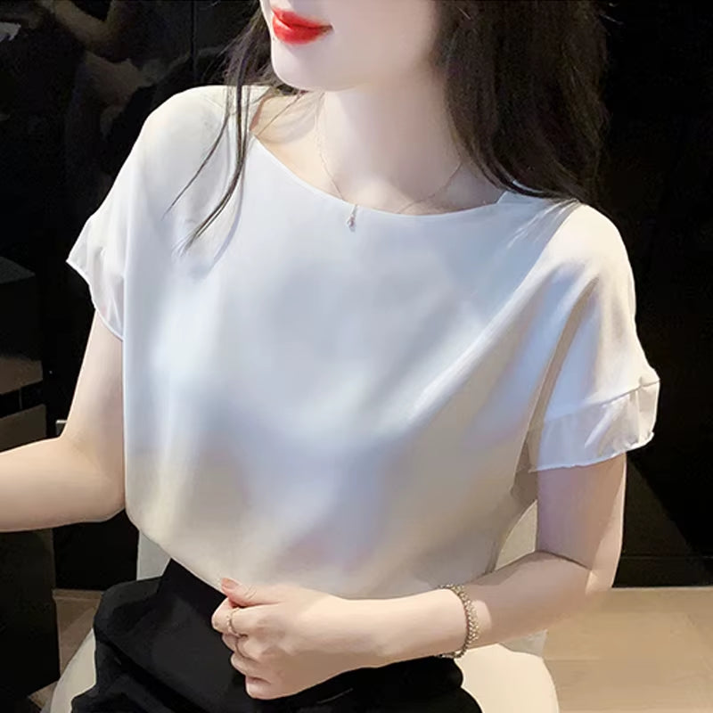 Summer Short Sleeve Women Blouse O-Neck Chiffon Blouse Shirt Tops Blouse Women Blusas Mujer De Moda 2024 Blouses Top Femme F107