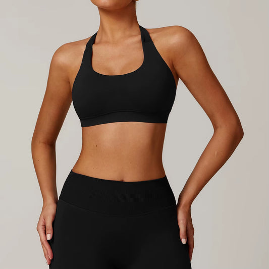 Push-Up Sports Bra for Women Seamless Halter Bra Open Back Yoga Top Bras Medium Support Gym Crop Top Padded Sports Halter Bra