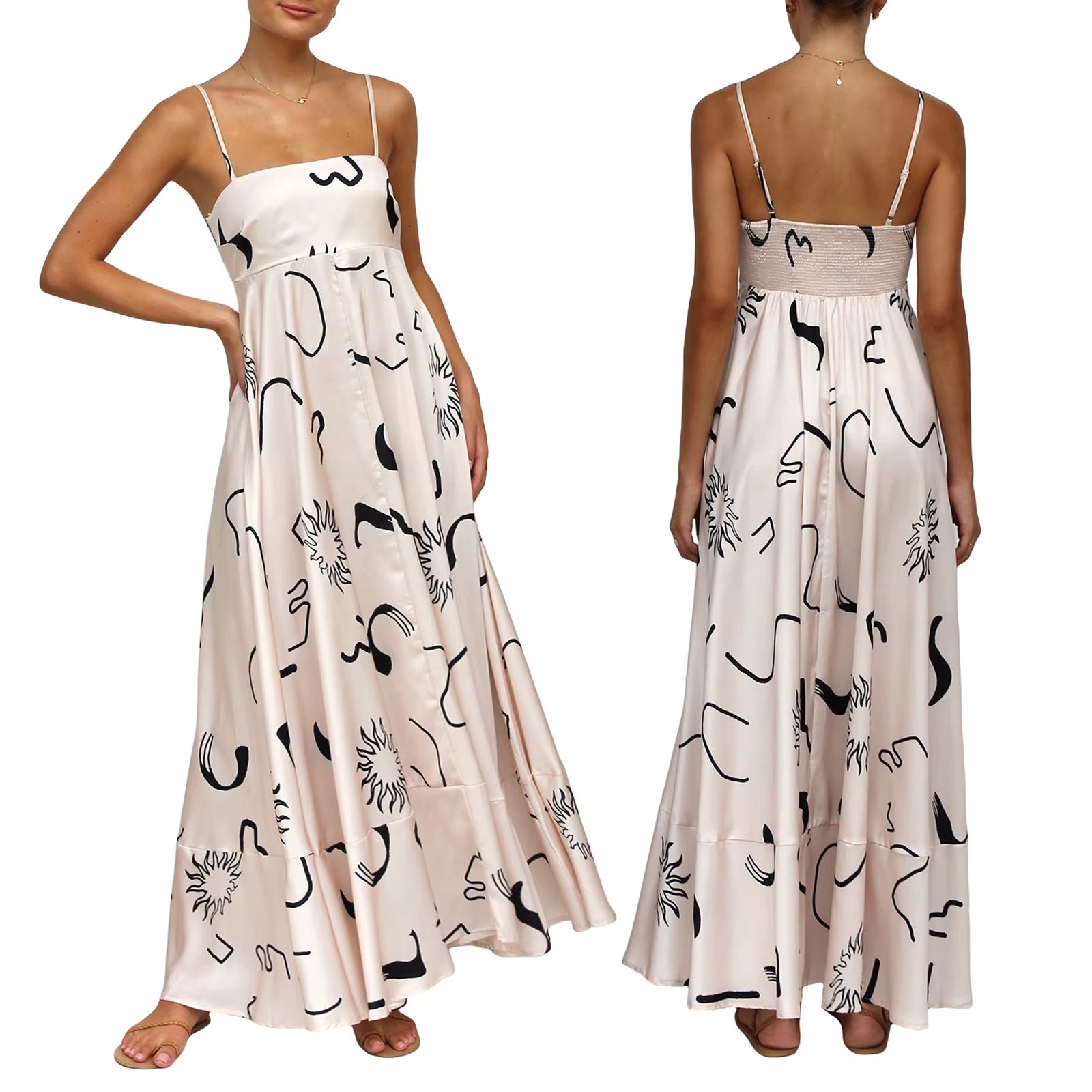 Women'S Vintage Summer A-Line Sundress Thin Spaghetti Straps Backless Sun Flower Print High Waist Swing Long Dress