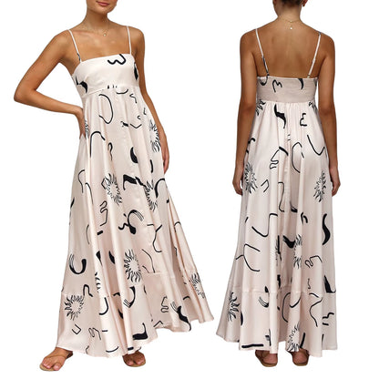 Women'S Vintage Summer A-Line Sundress Thin Spaghetti Straps Backless Sun Flower Print High Waist Swing Long Dress