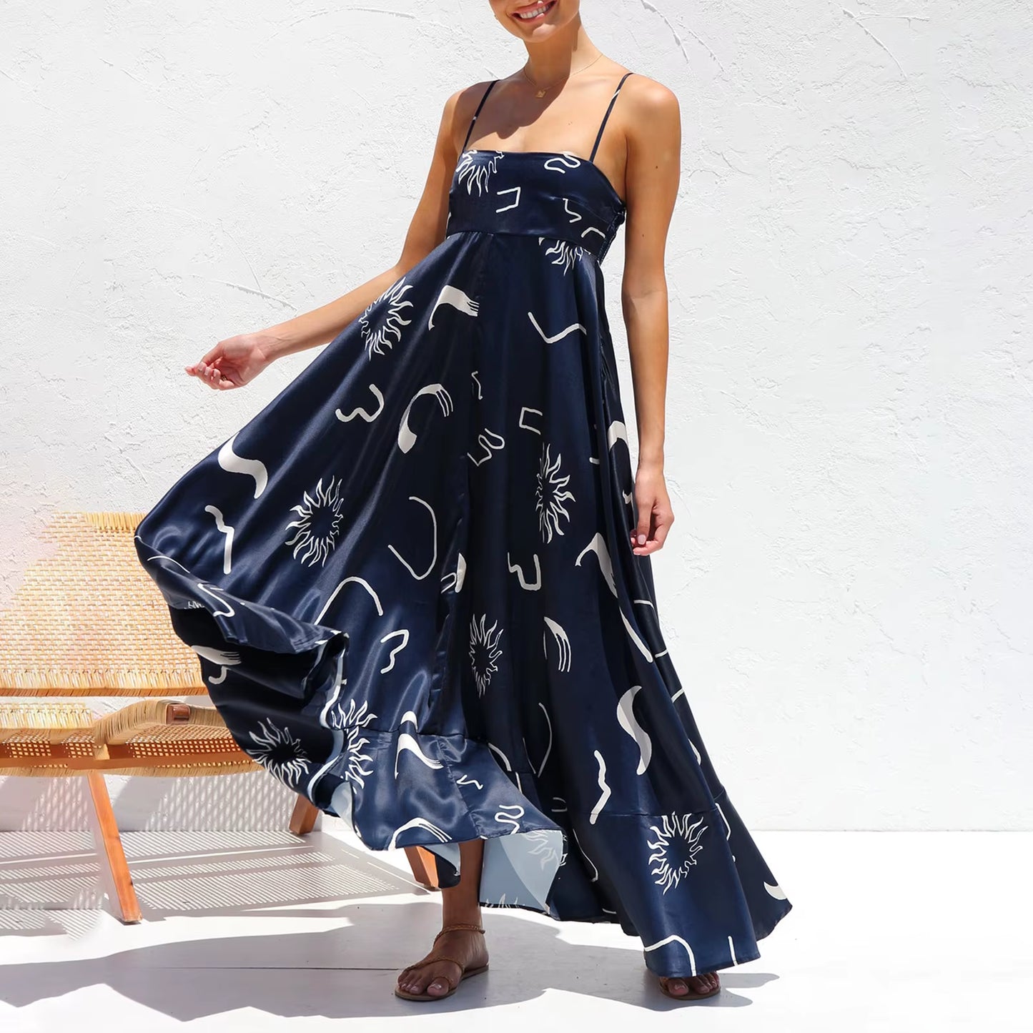 Women'S Vintage Summer A-Line Sundress Thin Spaghetti Straps Backless Sun Flower Print High Waist Swing Long Dress