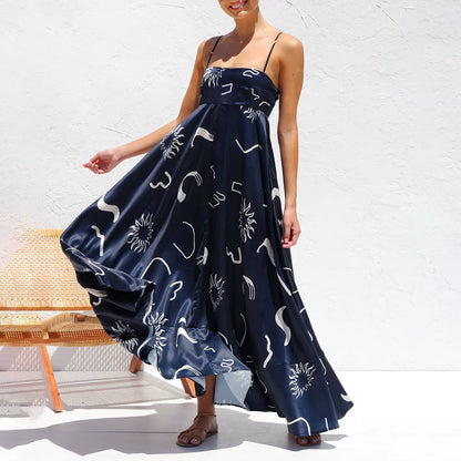 Women'S Vintage Summer A-Line Sundress Thin Spaghetti Straps Backless Sun Flower Print High Waist Swing Long Dress