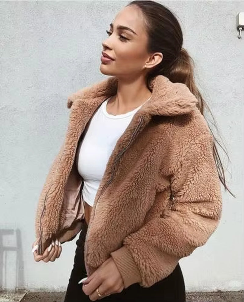 Women Thick Warm Teddy Bear Pocket Fleece Jacket Coat Zip up Outwear Overcoat Winter Soft Fur Jacket Female Plush Coat Elegant
