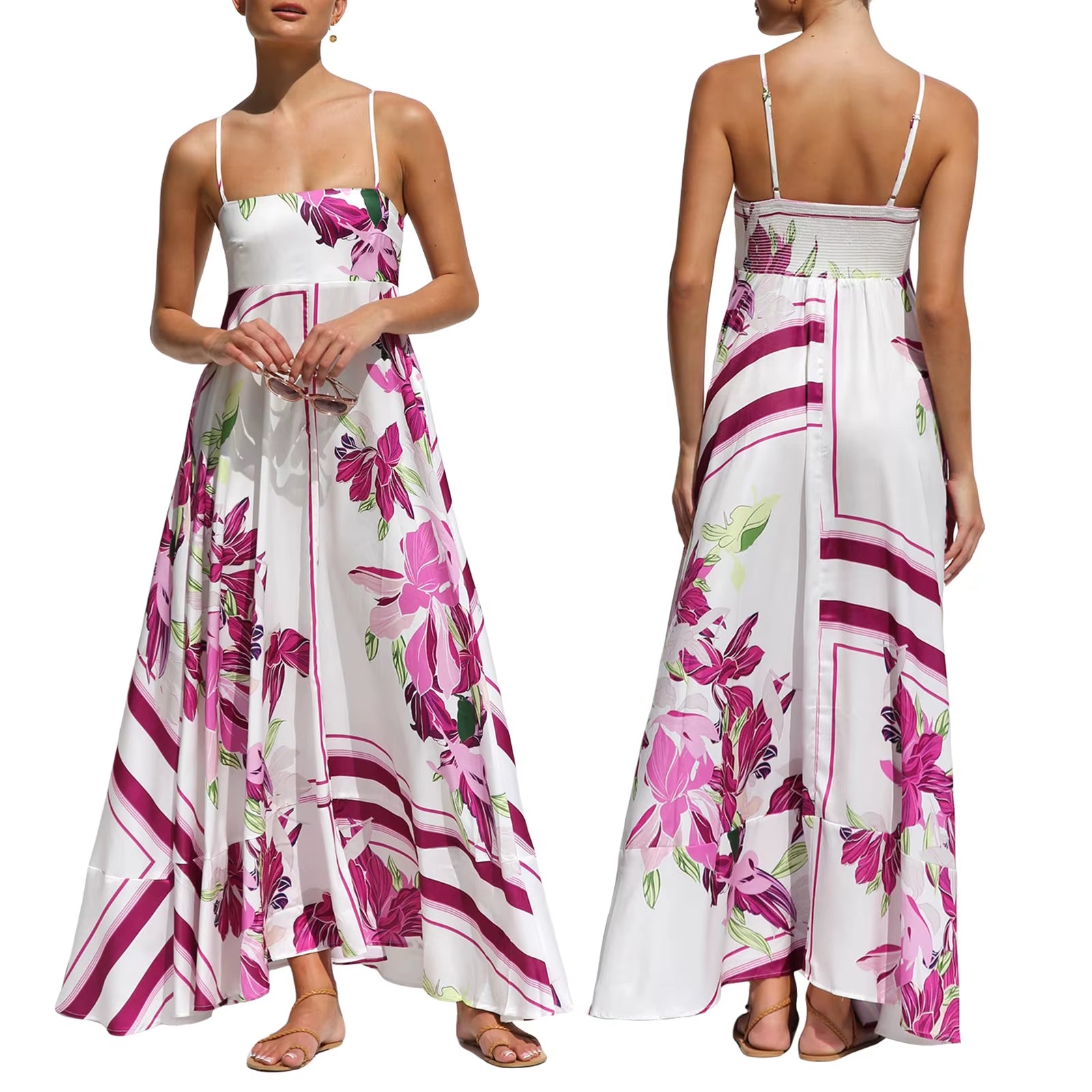 Women'S Vintage Summer A-Line Sundress Thin Spaghetti Straps Backless Sun Flower Print High Waist Swing Long Dress