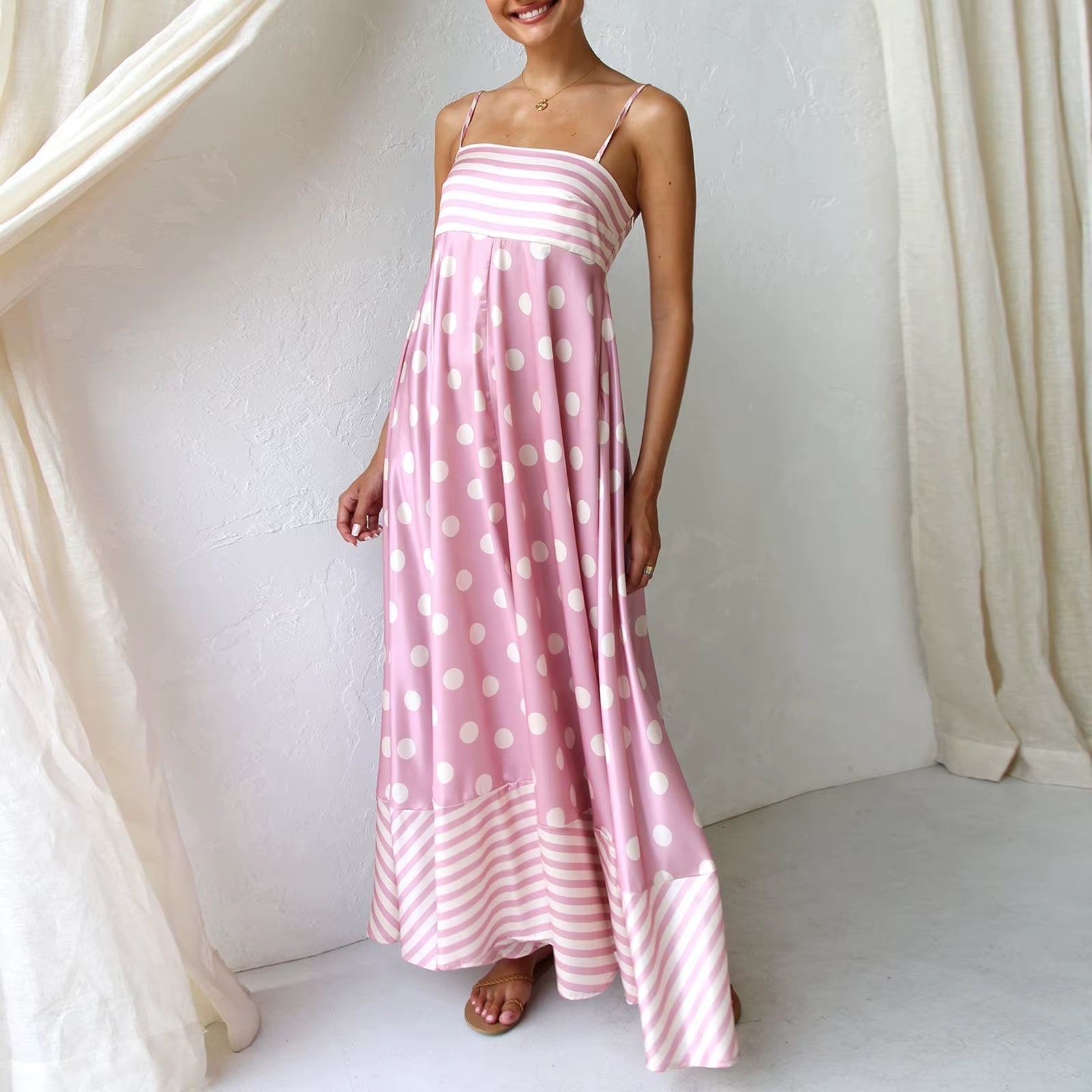 Women'S Vintage Summer A-Line Sundress Thin Spaghetti Straps Backless Sun Flower Print High Waist Swing Long Dress
