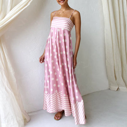 Women'S Vintage Summer A-Line Sundress Thin Spaghetti Straps Backless Sun Flower Print High Waist Swing Long Dress