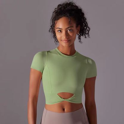 Women'S Solid Colour Yoga Short Sleeve Gathering Exercise Top Slim Stretch Fitness Tank Top Gym Running Training Top
