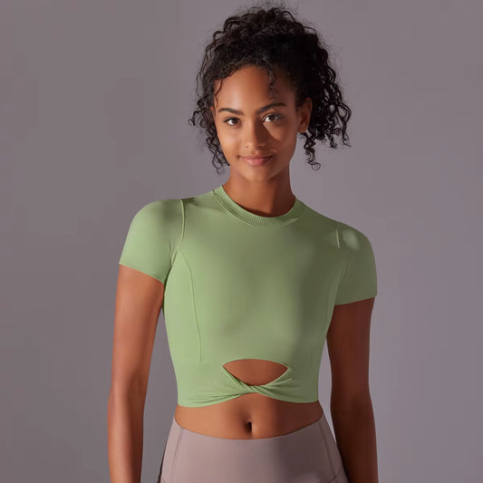 Women'S Solid Colour Yoga Short Sleeve Gathering Exercise Top Slim Stretch Fitness Tank Top Gym Running Training Top
