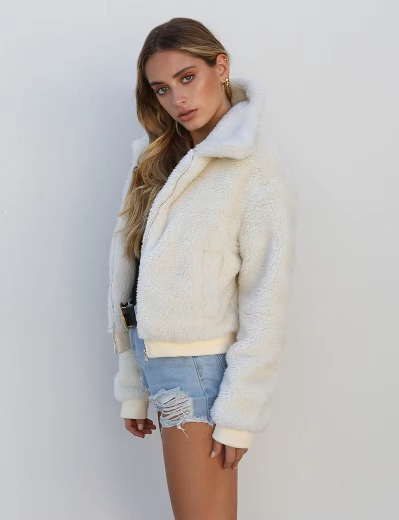 Women Thick Warm Teddy Bear Pocket Fleece Jacket Coat Zip up Outwear Overcoat Winter Soft Fur Jacket Female Plush Coat Elegant
