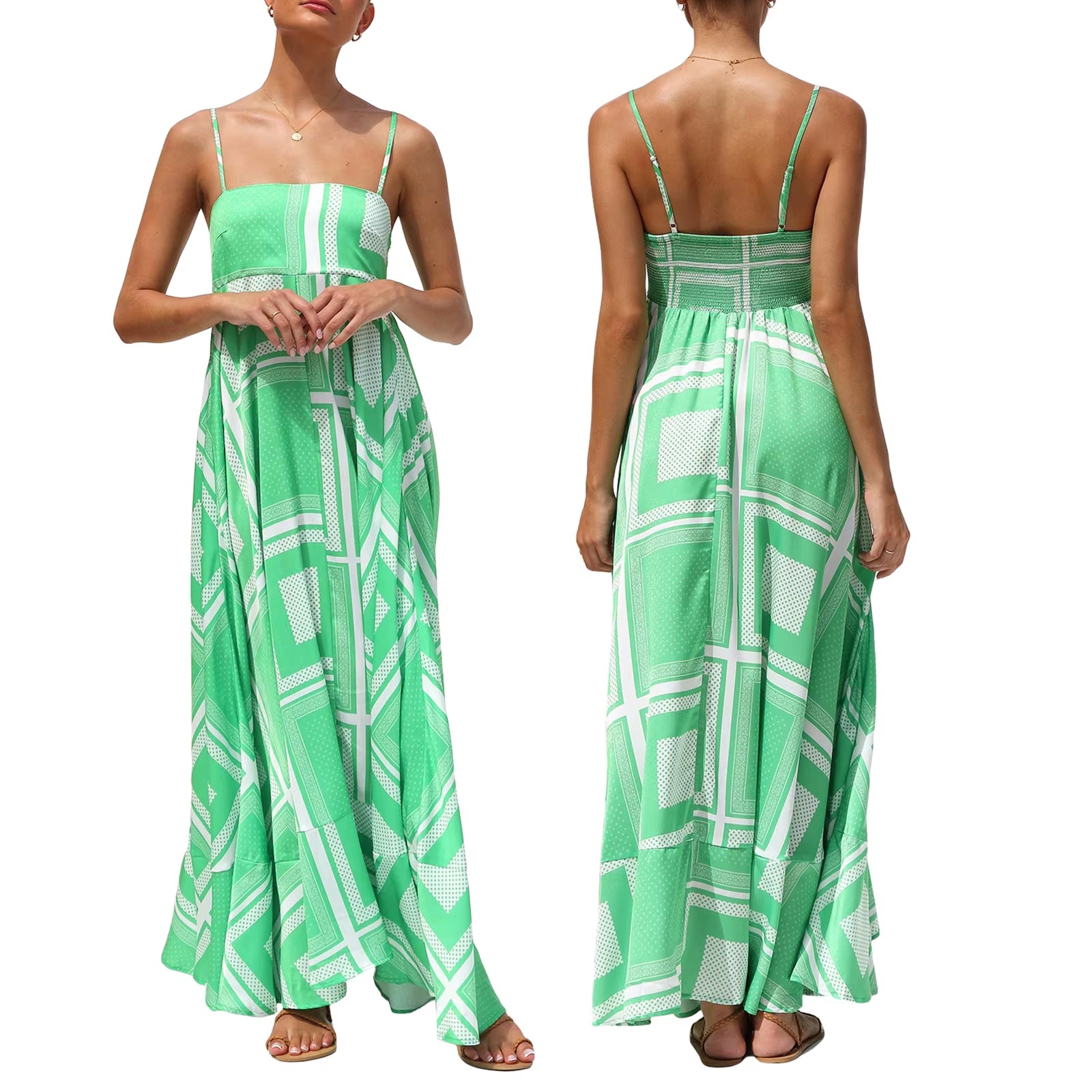 Women'S Vintage Summer A-Line Sundress Thin Spaghetti Straps Backless Sun Flower Print High Waist Swing Long Dress