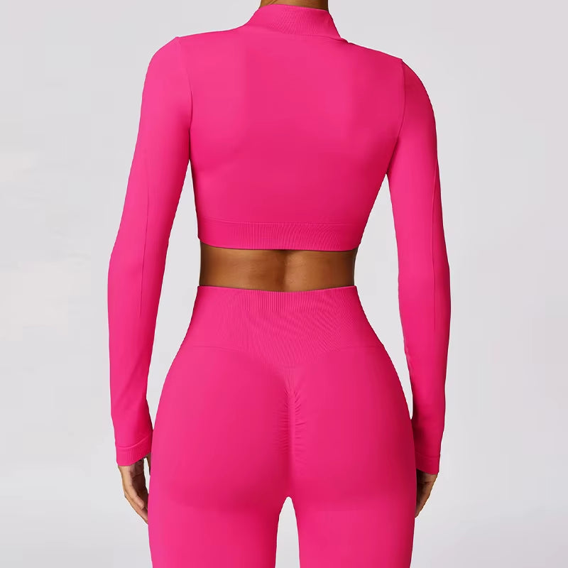 Seamless Long Sleeve Shirts Women Gym Crop Top Quick-Drying Yoga Clothing Sports Short Jacket Workout Running Sportswear Female