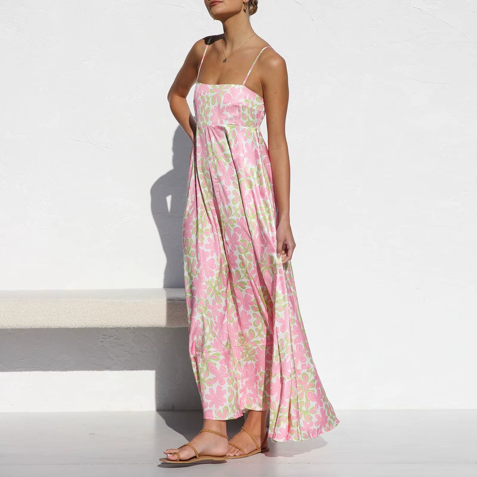 Women'S Vintage Summer A-Line Sundress Thin Spaghetti Straps Backless Sun Flower Print High Waist Swing Long Dress