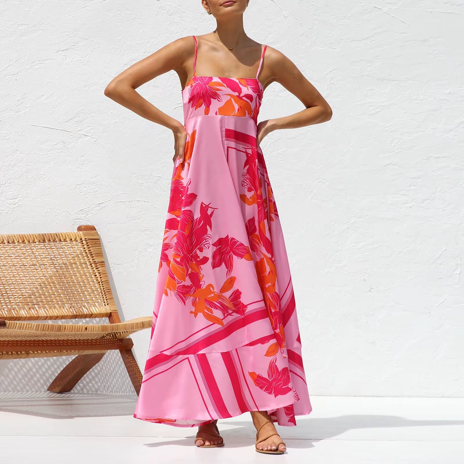 Women'S Vintage Summer A-Line Sundress Thin Spaghetti Straps Backless Sun Flower Print High Waist Swing Long Dress