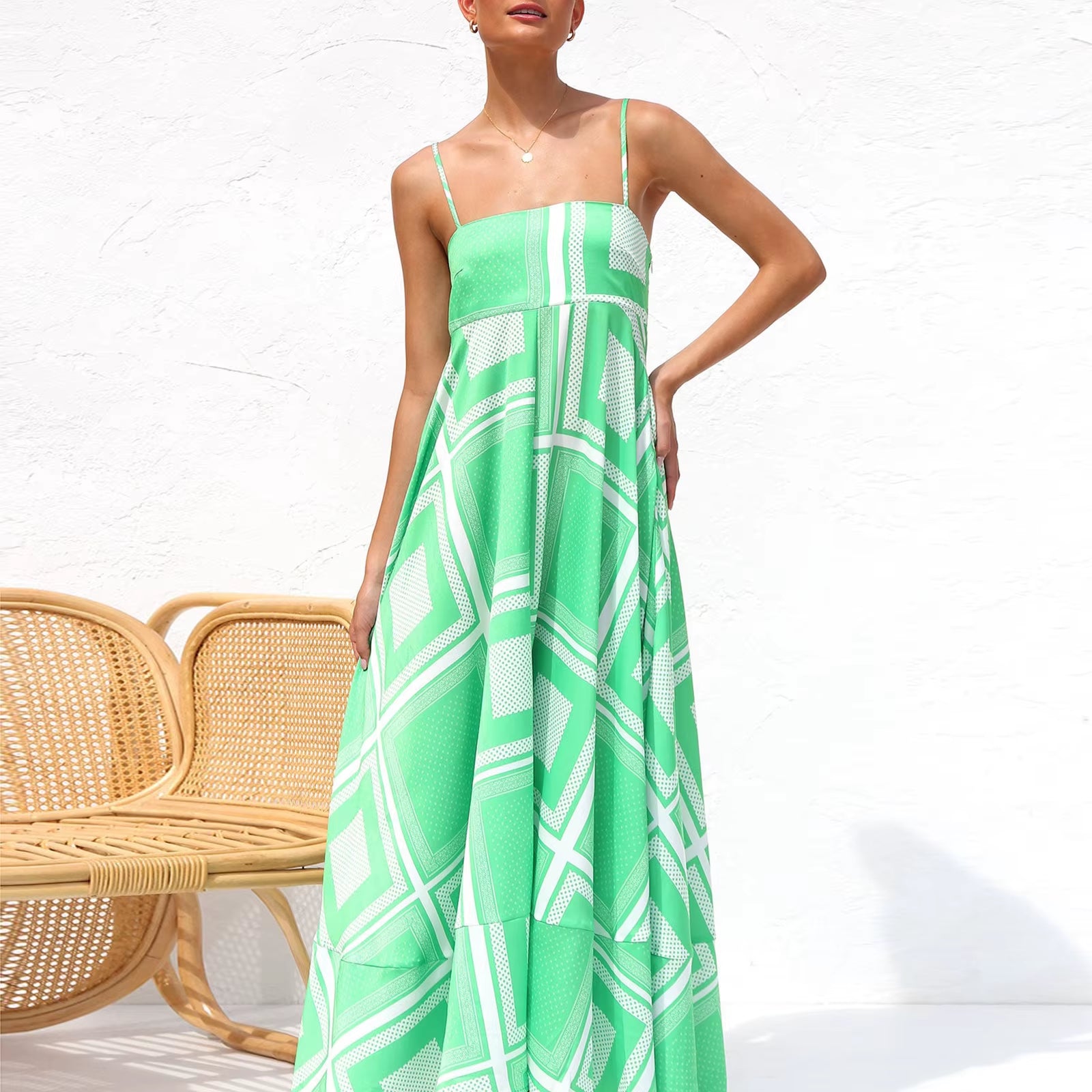 Women'S Vintage Summer A-Line Sundress Thin Spaghetti Straps Backless Sun Flower Print High Waist Swing Long Dress