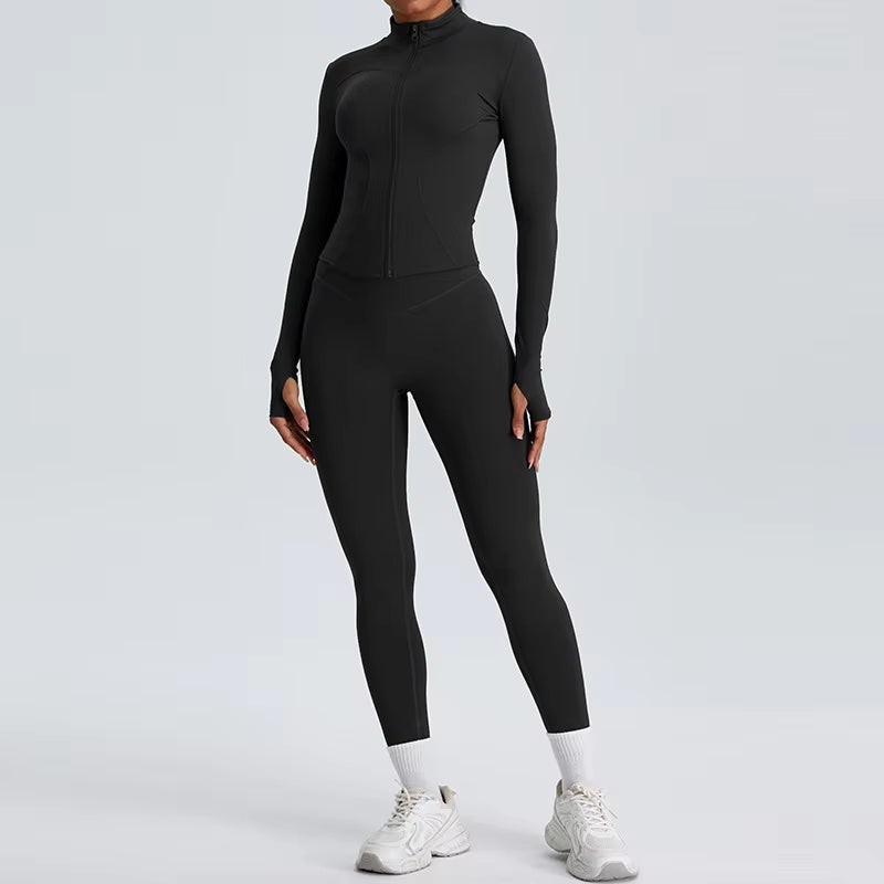 2 Piece Yoga Set Workout Outfits for Women Tracksuit Long Sleeve Zipper Slim Jacket High Waist Leggings Gym Sport Running Suit