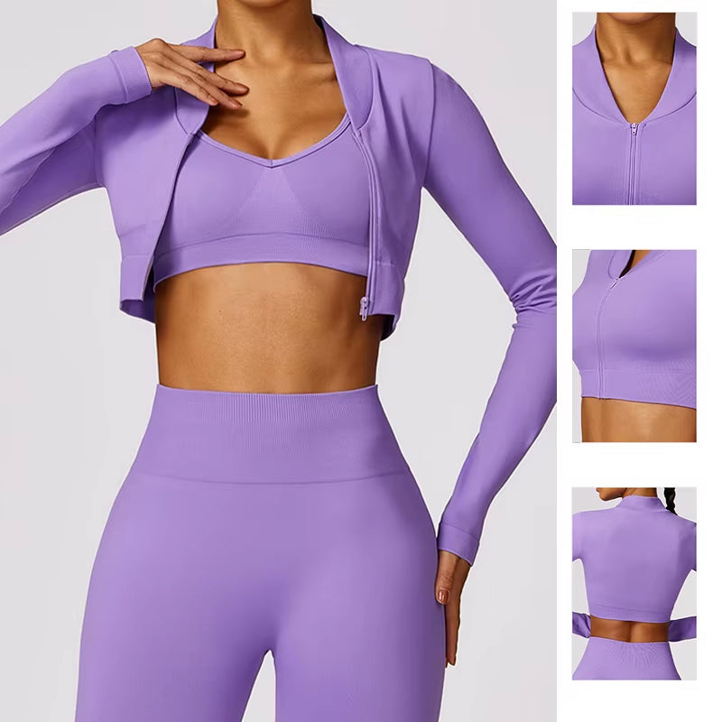 Seamless Long Sleeve Shirts Women Gym Crop Top Quick-Drying Yoga Clothing Sports Short Jacket Workout Running Sportswear Female