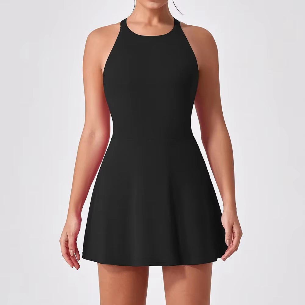 Sports Dress Slimming Anti-Glare Workout Clothes for Women Quick-Drying Feather Tennis Dress Back Fitness One-Piece Yoga Clothes