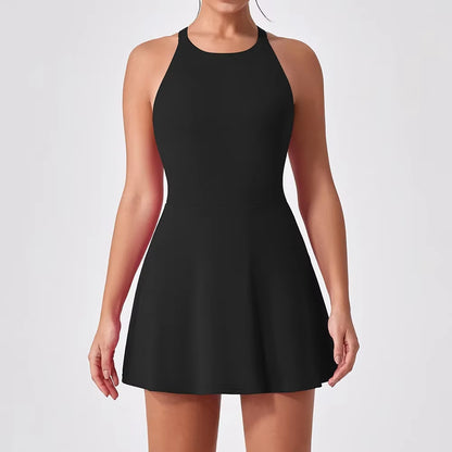 Sports Dress Slimming Anti-Glare Workout Clothes for Women Quick-Drying Feather Tennis Dress Back Fitness One-Piece Yoga Clothes
