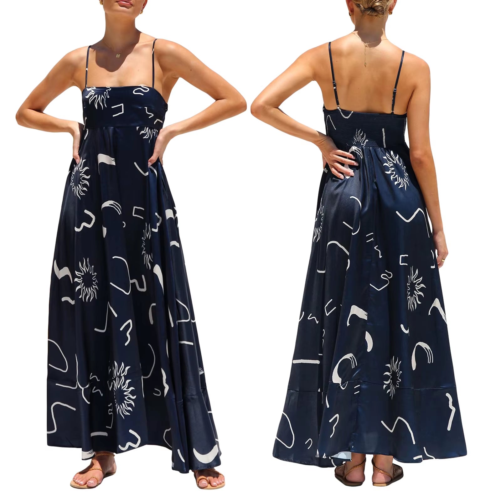 Women'S Vintage Summer A-Line Sundress Thin Spaghetti Straps Backless Sun Flower Print High Waist Swing Long Dress