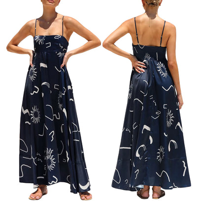 Women'S Vintage Summer A-Line Sundress Thin Spaghetti Straps Backless Sun Flower Print High Waist Swing Long Dress