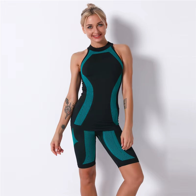 Women Seamless 2PCS Yoga Set Sports Bra High Waist Fitness Gym Shorts Gym Set Running Sportswear Workout Clothes Sports Suits