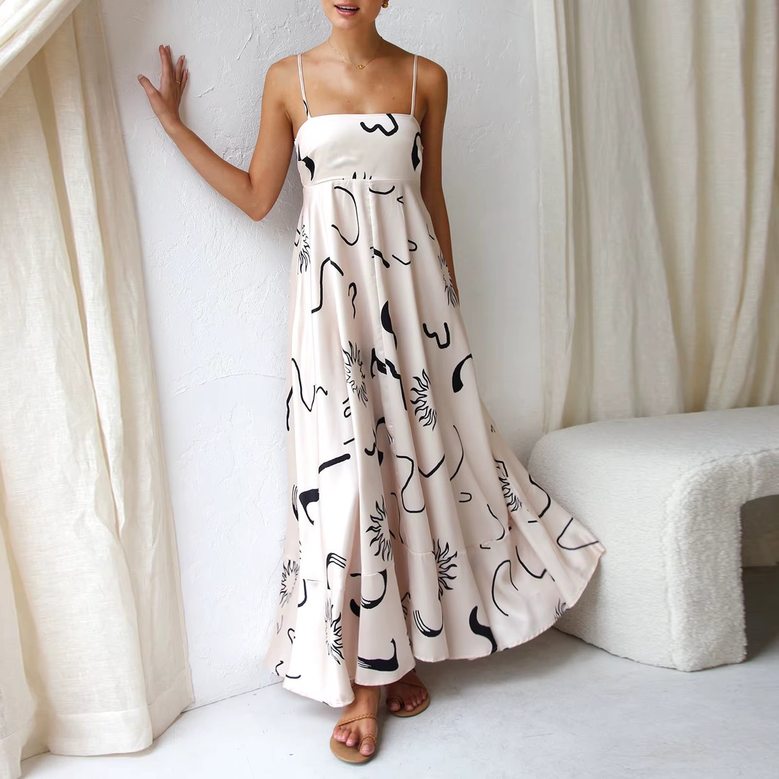 Women'S Vintage Summer A-Line Sundress Thin Spaghetti Straps Backless Sun Flower Print High Waist Swing Long Dress