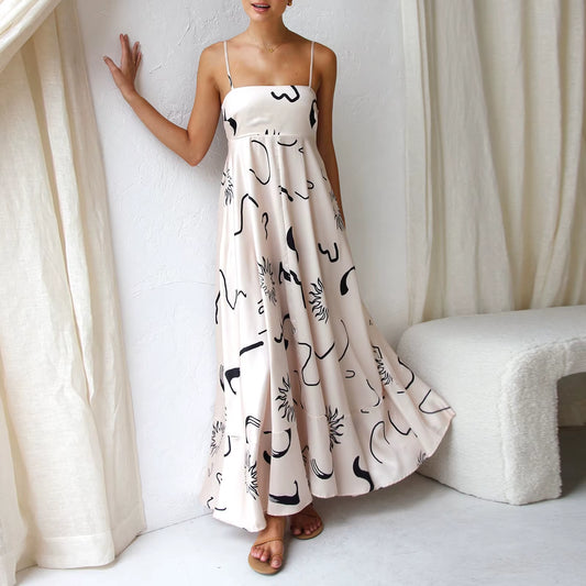 Women'S Vintage Summer A-Line Sundress Thin Spaghetti Straps Backless Sun Flower Print High Waist Swing Long Dress
