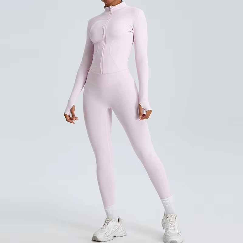 2 Piece Yoga Set Workout Outfits for Women Tracksuit Long Sleeve Zipper Slim Jacket High Waist Leggings Gym Sport Running Suit
