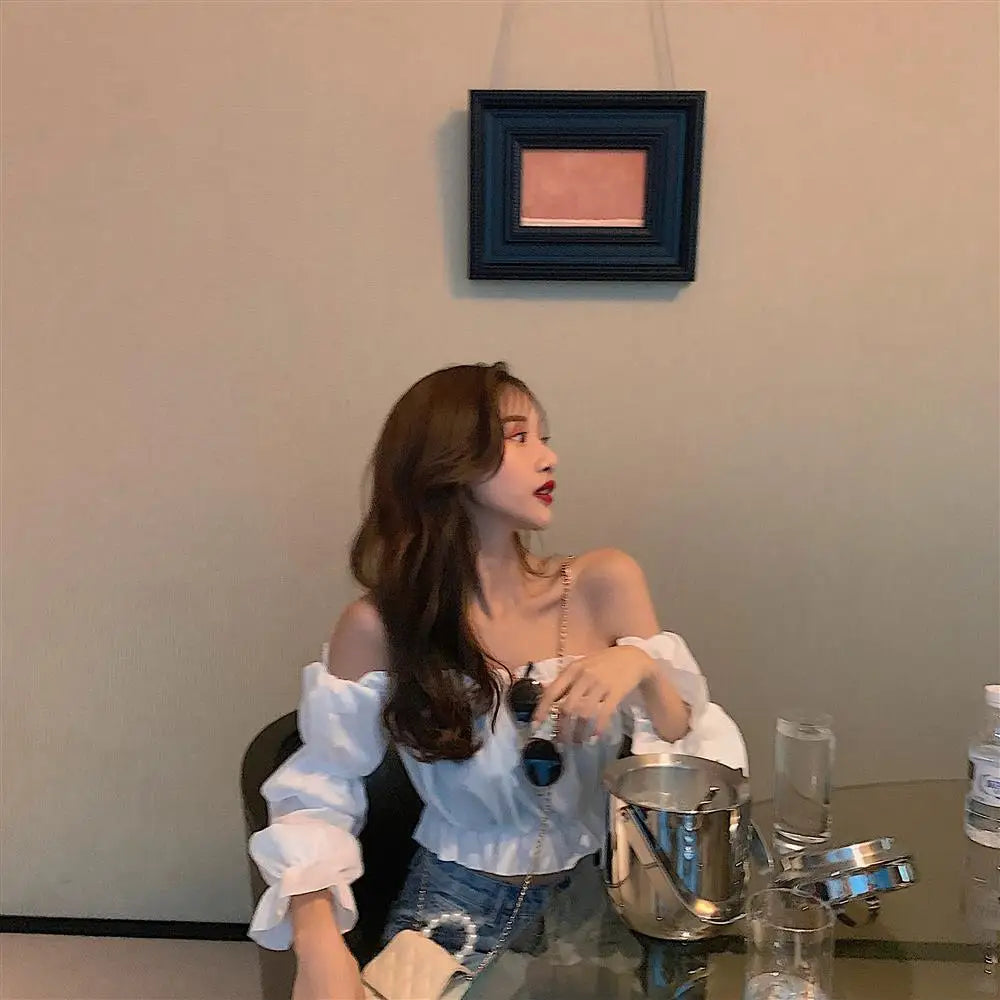 Women Top Sexy Blouse off Shoulder Top Long Sleeve Club Party White Shirt Puff Sleeve Ruffle Crop Top Summer Tube Top