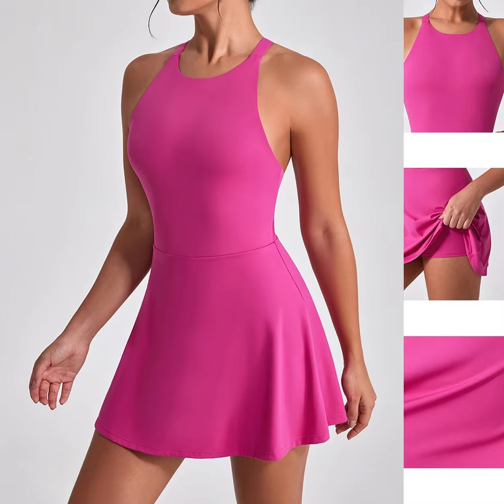 Sports Dress Slimming Anti-Glare Workout Clothes for Women Quick-Drying Feather Tennis Dress Back Fitness One-Piece Yoga Clothes