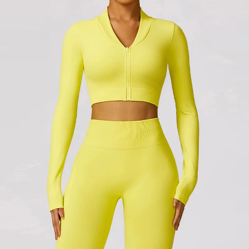 Seamless Long Sleeve Shirts Women Gym Crop Top Quick-Drying Yoga Clothing Sports Short Jacket Workout Running Sportswear Female